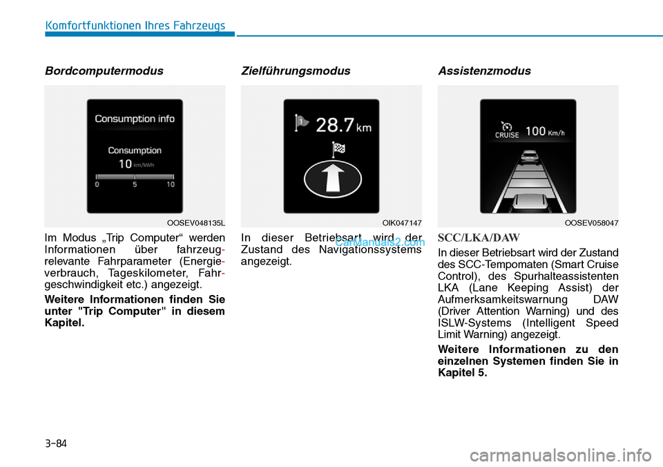 Hyundai Kona EV 2019 Betriebsanleitung (in German) 3-84
Komfortfunktionen Ihres Fahrzeugs
Bordcomputermodus
Im Modus „Trip Computer“ werden
Informationen über fahrzeug-
relevante Fahrparameter (Energie-
verbrauch, Tageskilometer, Fahr-
geschwindi Hyundai Kona EV 2019 Betriebsanleitung (in German) 3-84
Komfortfunktionen Ihres Fahrzeugs
Bordcomputermodus
Im Modus „Trip Computer“ werden
Informationen über fahrzeug-
relevante Fahrparameter (Energie-
verbrauch, Tageskilometer, Fahr-
geschwindi