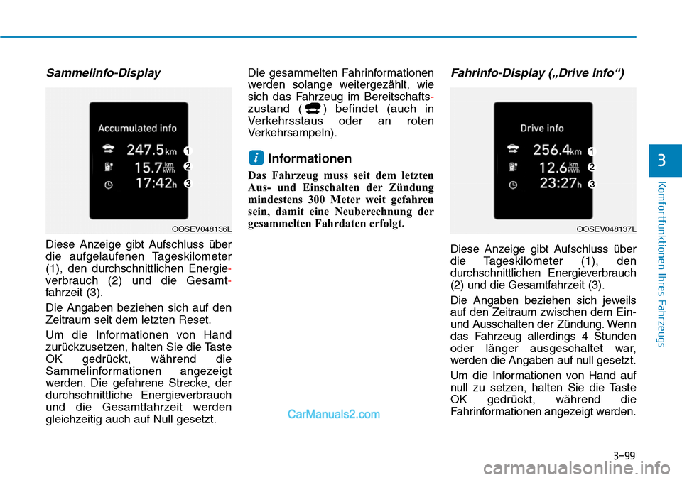 Hyundai Kona EV 2019 Betriebsanleitung (in German) 3-99
Komfortfunktionen Ihres Fahrzeugs
Sammelinfo-Display
Diese Anzeige gibt Aufschluss über
die aufgelaufenen Tageskilometer
(1), den durchschnittlichen Energie-
verbrauch (2) und die Gesamt-
fahrze Hyundai Kona EV 2019 Betriebsanleitung (in German) 3-99
Komfortfunktionen Ihres Fahrzeugs
Sammelinfo-Display
Diese Anzeige gibt Aufschluss über
die aufgelaufenen Tageskilometer
(1), den durchschnittlichen Energie-
verbrauch (2) und die Gesamt-
fahrze