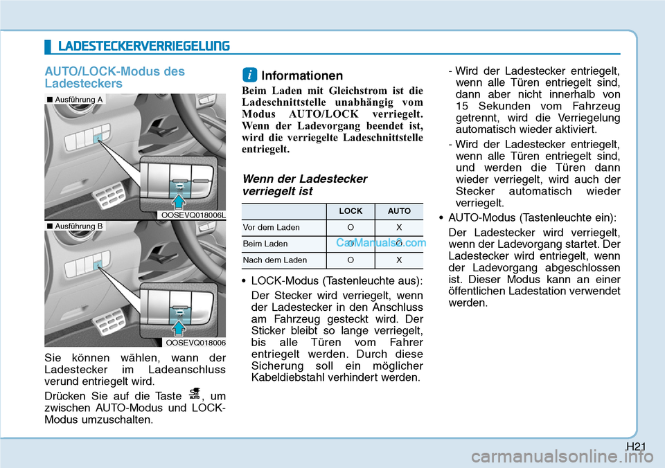 Hyundai Kona EV 2019 Betriebsanleitung (in German) H21
LADESTECKERVERRIEGELUNG
AUTO/LOCK-Modus des
Ladesteckers
Sie können wählen, wann der
Ladestecker im Ladeanschluss
verund entriegelt wird.
Drücken Sie auf die Taste , um
zwischen AUTO-Modus und Hyundai Kona EV 2019 Betriebsanleitung (in German) H21
LADESTECKERVERRIEGELUNG
AUTO/LOCK-Modus des
Ladesteckers
Sie können wählen, wann der
Ladestecker im Ladeanschluss
verund entriegelt wird.
Drücken Sie auf die Taste , um
zwischen AUTO-Modus und