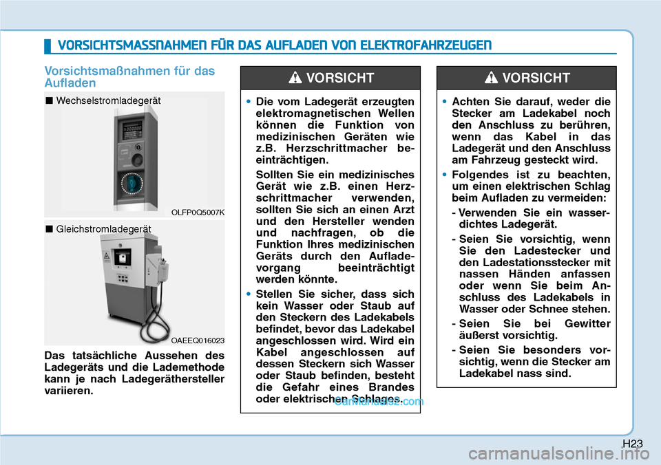 Hyundai Kona EV 2019 Betriebsanleitung (in German) H23
Vorsichtsmaßnahmen für das
Aufladen
Das tatsächliche Aussehen des
Ladegeräts und die Lademethode
kann je nach Ladegeräthersteller
variieren.
VORSICHTSMASSNAHMEN FÜR DAS AUFLADEN VON ELEKTROF Hyundai Kona EV 2019 Betriebsanleitung (in German) H23
Vorsichtsmaßnahmen für das
Aufladen
Das tatsächliche Aussehen des
Ladegeräts und die Lademethode
kann je nach Ladegeräthersteller
variieren.
VORSICHTSMASSNAHMEN FÜR DAS AUFLADEN VON ELEKTROF