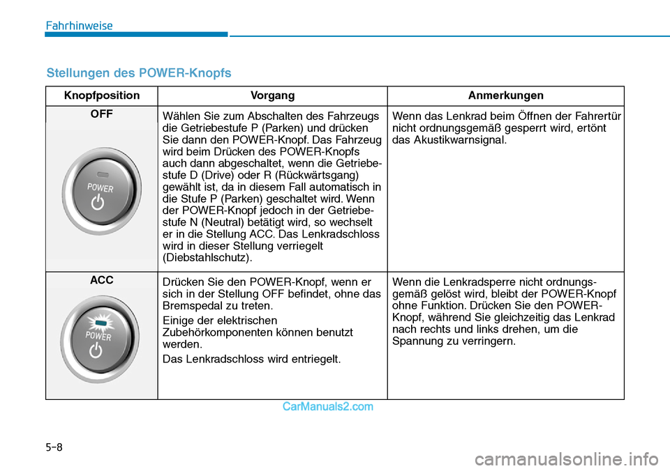 Hyundai Kona EV 2019 Betriebsanleitung (in German) 5-8
Fahrhinweise
Stellungen des POWER-Knopfs
Knopfposition Vorgang Anmerkungen
OFF
Wählen Sie zum Abschalten des Fahrzeugs
die Getriebestufe P (Parken) und drücken
Sie dann den POWER-Knopf. Das Fahr Hyundai Kona EV 2019 Betriebsanleitung (in German) 5-8
Fahrhinweise
Stellungen des POWER-Knopfs
Knopfposition Vorgang Anmerkungen
OFF
Wählen Sie zum Abschalten des Fahrzeugs
die Getriebestufe P (Parken) und drücken
Sie dann den POWER-Knopf. Das Fahr