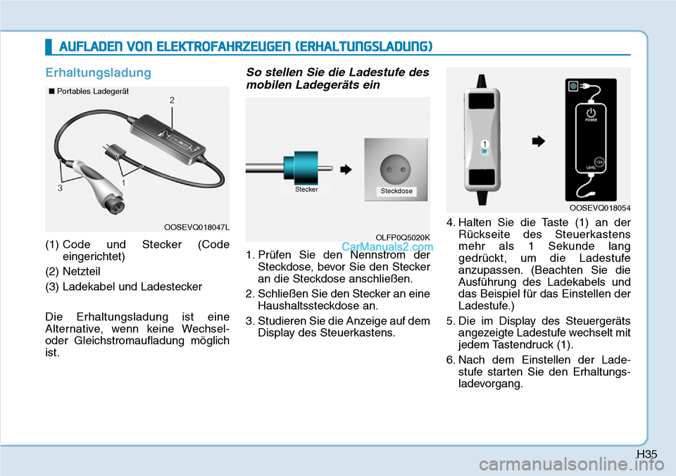 Hyundai Kona EV 2019 Betriebsanleitung (in German) H35
Erhaltungsladung
(1) Code und Stecker (Code
eingerichtet)
(2) Netzteil
(3) Ladekabel und Ladestecker
Die Erhaltungsladung ist eine
Alternative, wenn keine Wechsel-
oder Gleichstromaufladung mögli Hyundai Kona EV 2019 Betriebsanleitung (in German) H35
Erhaltungsladung
(1) Code und Stecker (Code
eingerichtet)
(2) Netzteil
(3) Ladekabel und Ladestecker
Die Erhaltungsladung ist eine
Alternative, wenn keine Wechsel-
oder Gleichstromaufladung mögli