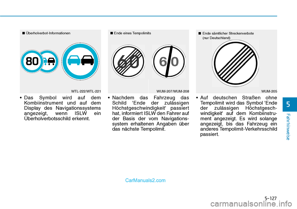 Hyundai Kona EV 2019 Betriebsanleitung (in German) 5-127
Fahrhinweise
• Das Symbol wird auf dem
Kombiinstrument und auf dem
Display des Navigationssystems
angezeigt, wenn ISLW ein
Überholverbotsschild erkennt.• Nachdem das Fahrzeug das
Schild E Hyundai Kona EV 2019 Betriebsanleitung (in German) 5-127
Fahrhinweise
• Das Symbol wird auf dem
Kombiinstrument und auf dem
Display des Navigationssystems
angezeigt, wenn ISLW ein
Überholverbotsschild erkennt.• Nachdem das Fahrzeug das
Schild E