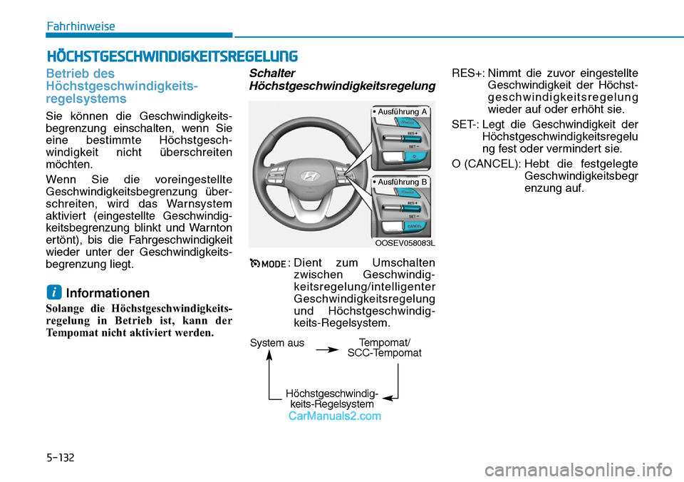 Hyundai Kona EV 2019 Betriebsanleitung (in German) 5-132
Fahrhinweise
Betrieb des
Höchstgeschwindigkeits-
regelsystems
Sie können die Geschwindigkeits-
begrenzung einschalten, wenn Sie
eine bestimmte Höchstgesch-
windigkeit nicht überschreiten
mö Hyundai Kona EV 2019 Betriebsanleitung (in German) 5-132
Fahrhinweise
Betrieb des
Höchstgeschwindigkeits-
regelsystems
Sie können die Geschwindigkeits-
begrenzung einschalten, wenn Sie
eine bestimmte Höchstgesch-
windigkeit nicht überschreiten
mö