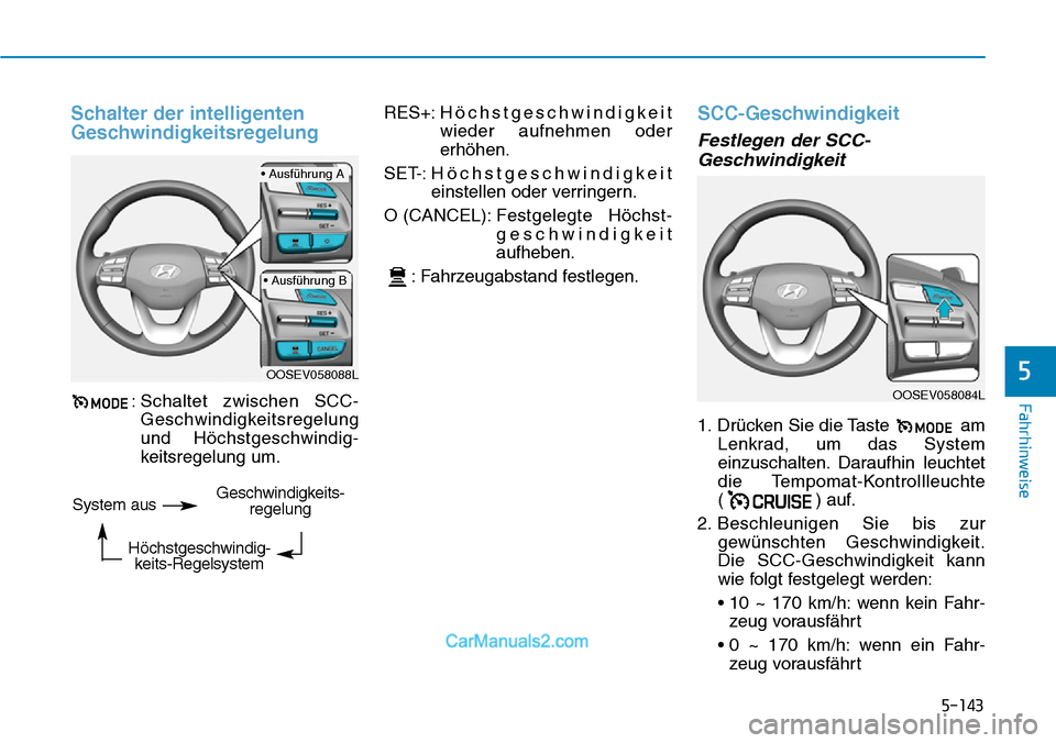 Hyundai Kona EV 2019 Betriebsanleitung (in German) 5-143
Fahrhinweise
5
Schalter der intelligenten
Geschwindigkeitsregelung
: Schaltet zwischen SCC-
Geschwindigkeitsregelung
und Höchstgeschwindig-
keitsregelung um.RES+:Höchstgeschwindigkeit
wieder a Hyundai Kona EV 2019 Betriebsanleitung (in German) 5-143
Fahrhinweise
5
Schalter der intelligenten
Geschwindigkeitsregelung
: Schaltet zwischen SCC-
Geschwindigkeitsregelung
und Höchstgeschwindig-
keitsregelung um.RES+:Höchstgeschwindigkeit
wieder a