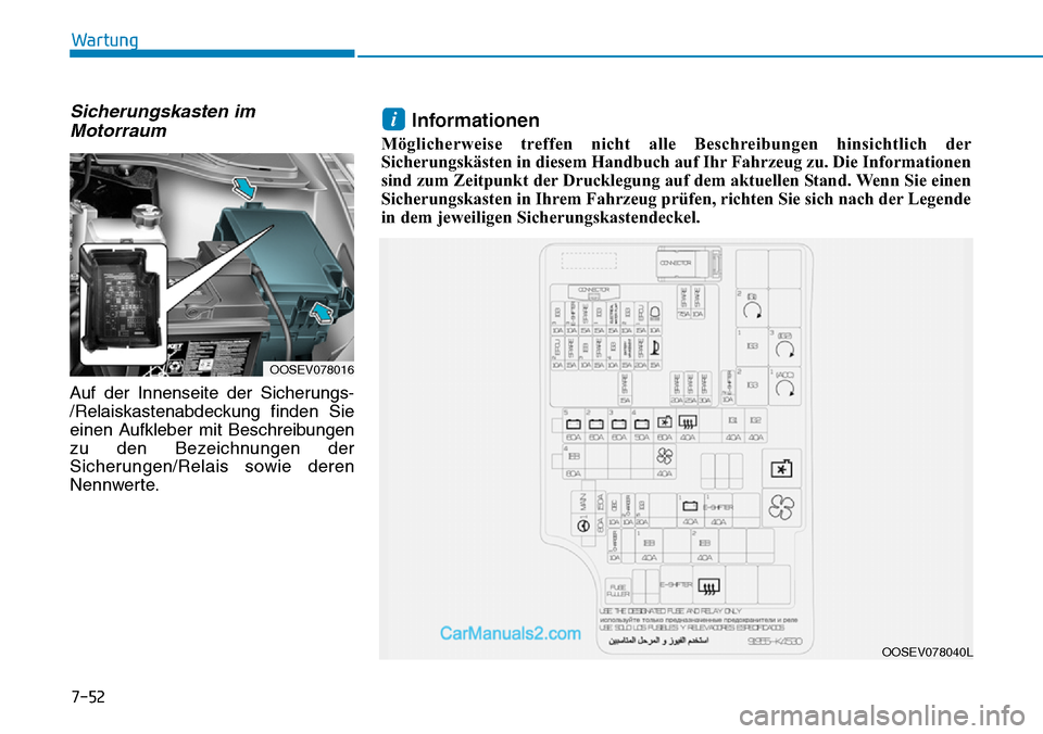Hyundai Kona EV 2019 Betriebsanleitung (in German) Sicherungskasten im
Motorraum
Auf der Innenseite der Sicherungs-
/Relaiskastenabdeckung finden Sie
einen Aufkleber mit Beschreibungen
zu den Bezeichnungen der
Sicherungen/Relais sowie deren
Nennwerte. Hyundai Kona EV 2019 Betriebsanleitung (in German) Sicherungskasten im
Motorraum
Auf der Innenseite der Sicherungs-
/Relaiskastenabdeckung finden Sie
einen Aufkleber mit Beschreibungen
zu den Bezeichnungen der
Sicherungen/Relais sowie deren
Nennwerte.