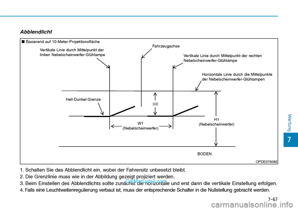 Hyundai Kona EV 2019  Betriebsanleitung (in German) 7-67
7
Wartung
Abblendlicht
1. Schalten Sie das Abblendlicht ein, wobei der Fahrersitz unbesetzt bleibt.
2. Die Grenzlinie muss wie in der Abbildung gezeigt projiziert werden.
3. Beim Einstellen des A