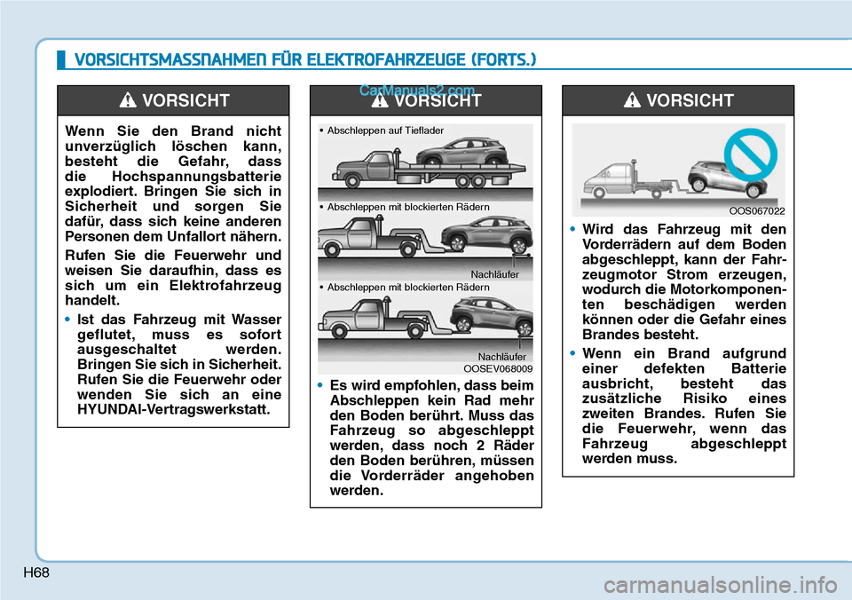 Hyundai Kona EV 2019 Betriebsanleitung (in German) H68
VORSICHTSMASSNAHMEN FÜR ELEKTROFAHRZEUGE (FORTS.)
Wenn Sie den Brand nicht
unverzüglich löschen kann,
besteht die Gefahr, dass
die Hochspannungsbatterie
explodiert. Bringen Sie sich in
Sicherh Hyundai Kona EV 2019 Betriebsanleitung (in German) H68
VORSICHTSMASSNAHMEN FÜR ELEKTROFAHRZEUGE (FORTS.)
Wenn Sie den Brand nicht
unverzüglich löschen kann,
besteht die Gefahr, dass
die Hochspannungsbatterie
explodiert. Bringen Sie sich in
Sicherh