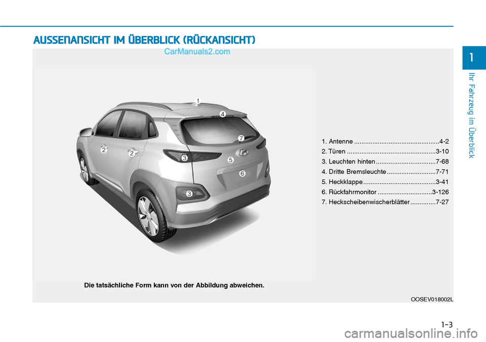 Hyundai Kona EV 2019 Betriebsanleitung (in German) 1. Antenne ...............................................4-2
2. Türen .................................................3-10
3. Leuchten hinten .................................7-68
4. Dritte Bremsle Hyundai Kona EV 2019 Betriebsanleitung (in German) 1. Antenne ...............................................4-2
2. Türen .................................................3-10
3. Leuchten hinten .................................7-68
4. Dritte Bremsle
