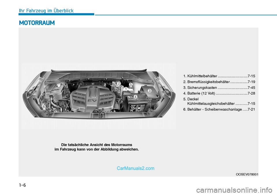 Hyundai Kona EV 2019 Betriebsanleitung (in German) 1-6
Ihr Fahrzeug im Überblick
MOTORRAUM
1. Kühlmittelbehälter .............................7-15
2. Bremsflüssigkeitsbehälter .................7-19
3. Sicherungskasten ............................ Hyundai Kona EV 2019 Betriebsanleitung (in German) 1-6
Ihr Fahrzeug im Überblick
MOTORRAUM
1. Kühlmittelbehälter .............................7-15
2. Bremsflüssigkeitsbehälter .................7-19
3. Sicherungskasten ............................