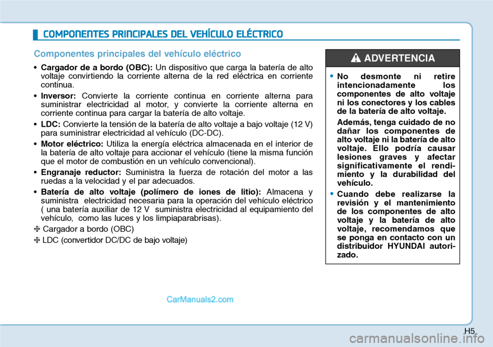 Hyundai Kona EV 2019 Manual del propietario (in Spanish) H5
COMPONENTES PRINCIPALES DEL VEHÍCULO ELÉCTRICO
Hyundai Kona EV 2019 Manual del propietario (in Spanish) H5
COMPONENTES PRINCIPALES DEL VEHÍCULO ELÉCTRICO