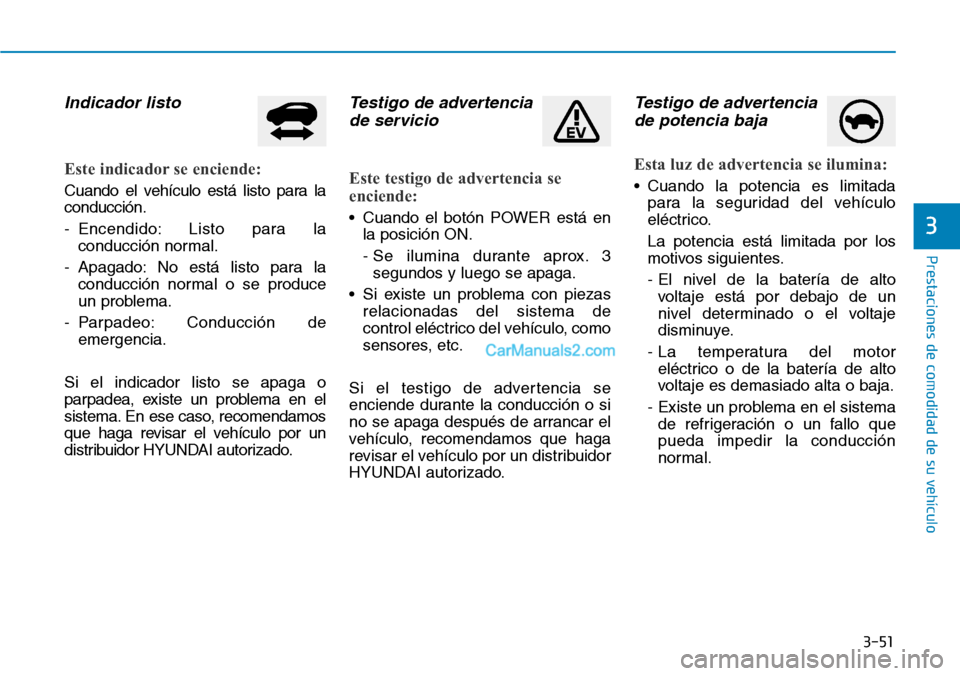 Hyundai Kona EV 2019 Manual del propietario (in Spanish) 3-51
Prestaciones de comodidad de su vehículo
Indicador listo
Este indicador se enciende:
Cuando el vehículo está listo para la
conducción.
- Encendido: Listo para la
conducción normal.
- Apagad Hyundai Kona EV 2019 Manual del propietario (in Spanish) 3-51
Prestaciones de comodidad de su vehículo
Indicador listo
Este indicador se enciende:
Cuando el vehículo está listo para la
conducción.
- Encendido: Listo para la
conducción normal.
- Apagad
