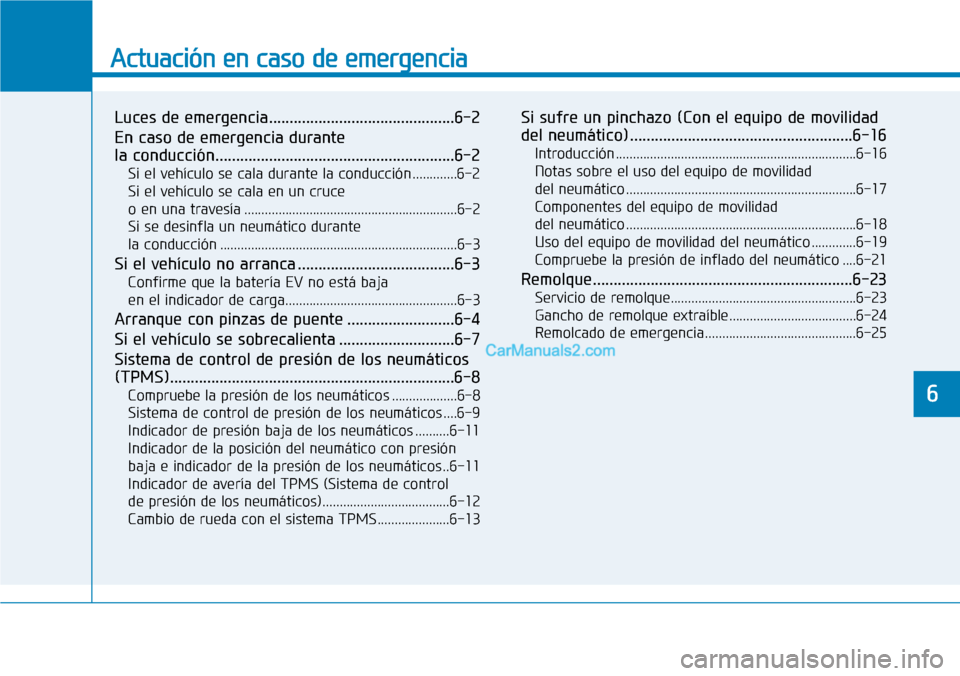 Hyundai Kona EV 2019  Manual del propietario (in Spanish) Actuación en caso de emergencia 
Luces de emergencia.............................................6-2
En caso de emergencia durante 
la conducción.....................................................