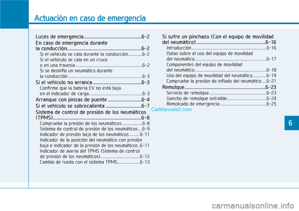 Hyundai Kona EV 2019 Manual del propietario (in Spanish) Actuación en caso de emergencia
Luces de emergencia.............................................6-2
En caso de emergencia durante
la conducción..................................................... Hyundai Kona EV 2019 Manual del propietario (in Spanish) Actuación en caso de emergencia
Luces de emergencia.............................................6-2
En caso de emergencia durante
la conducción.....................................................