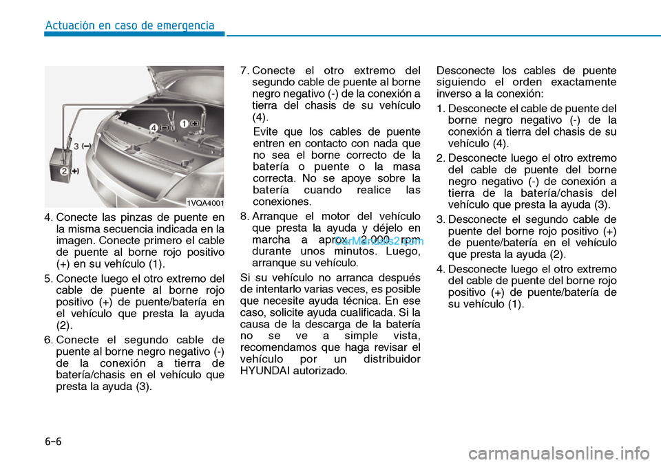 Hyundai Kona EV 2019 Manual del propietario (in Spanish) 6-6
Actuación en caso de emergencia
4. Conecte las pinzas de puente en
la misma secuencia indicada en la
imagen. Conecte primero el cable
de puente al borne rojo positivo
(+) en su vehículo (1).
5. Hyundai Kona EV 2019 Manual del propietario (in Spanish) 6-6
Actuación en caso de emergencia
4. Conecte las pinzas de puente en
la misma secuencia indicada en la
imagen. Conecte primero el cable
de puente al borne rojo positivo
(+) en su vehículo (1).
5.
