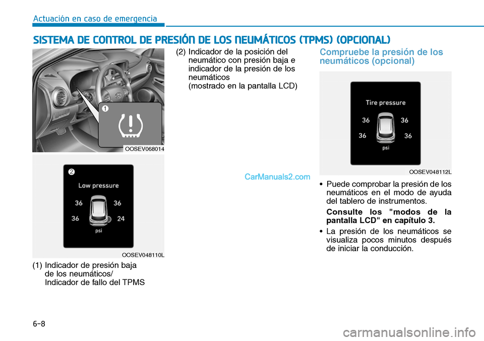 Hyundai Kona EV 2019  Manual del propietario (in Spanish) 6-8
Actuación en caso de emergencia 
(1) Indicador de presión baja 
de los neumáticos/
Indicador de fallo del TPMS(2) Indicador de la posición del
neumático con presión baja e
indicador de la pr