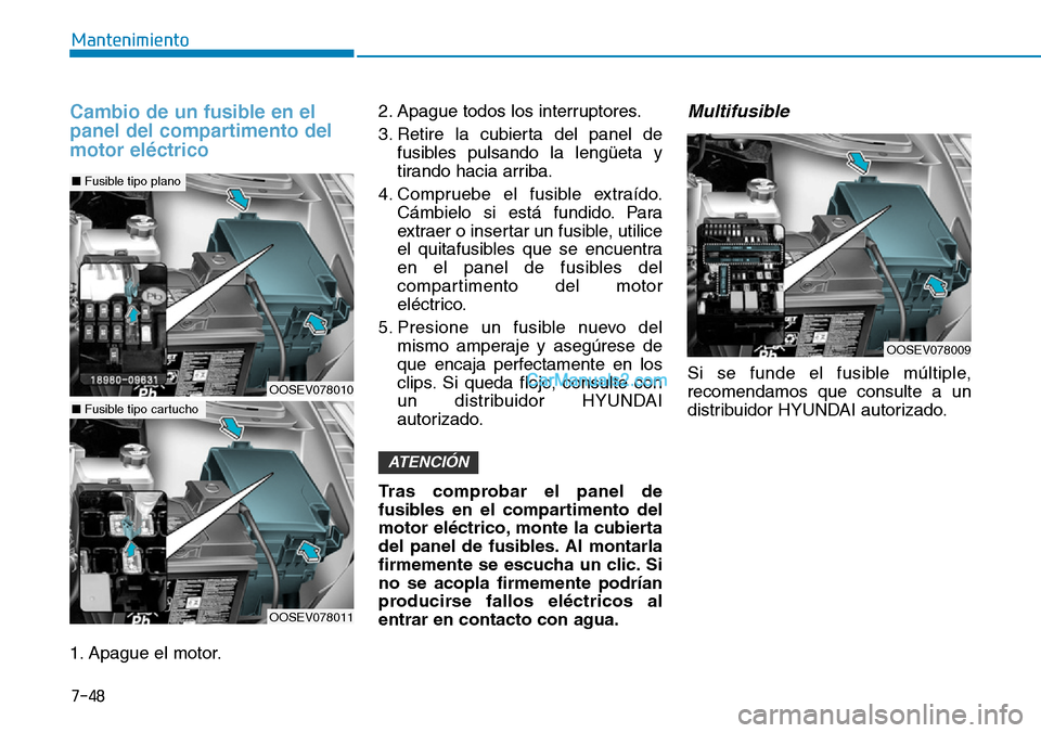 Hyundai Kona EV 2019 Manual del propietario (in Spanish) 7-48
Mantenimiento
Cambio de un fusible en el
panel del compartimento del
motor eléctrico
1. Apague el motor.2. Apague todos los interruptores.
3. Retire la cubierta del panel de
fusibles pulsando la Hyundai Kona EV 2019 Manual del propietario (in Spanish) 7-48
Mantenimiento
Cambio de un fusible en el
panel del compartimento del
motor eléctrico
1. Apague el motor.2. Apague todos los interruptores.
3. Retire la cubierta del panel de
fusibles pulsando la