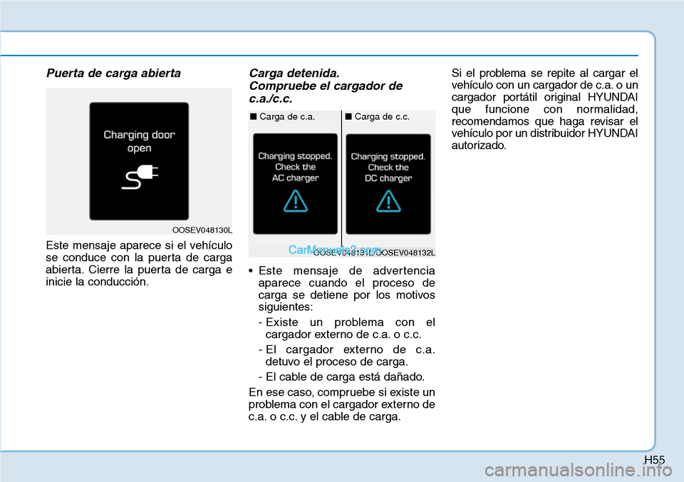 Hyundai Kona EV 2019 Manual del propietario (in Spanish) H55
Puerta de carga abierta
Este mensaje aparece si el vehículo
se conduce con la puerta de carga
abierta. Cierre la puerta de carga e
inicie la conducción.
Carga detenida.
Compruebe el cargador de
Hyundai Kona EV 2019 Manual del propietario (in Spanish) H55
Puerta de carga abierta
Este mensaje aparece si el vehículo
se conduce con la puerta de carga
abierta. Cierre la puerta de carga e
inicie la conducción.
Carga detenida.
Compruebe el cargador de