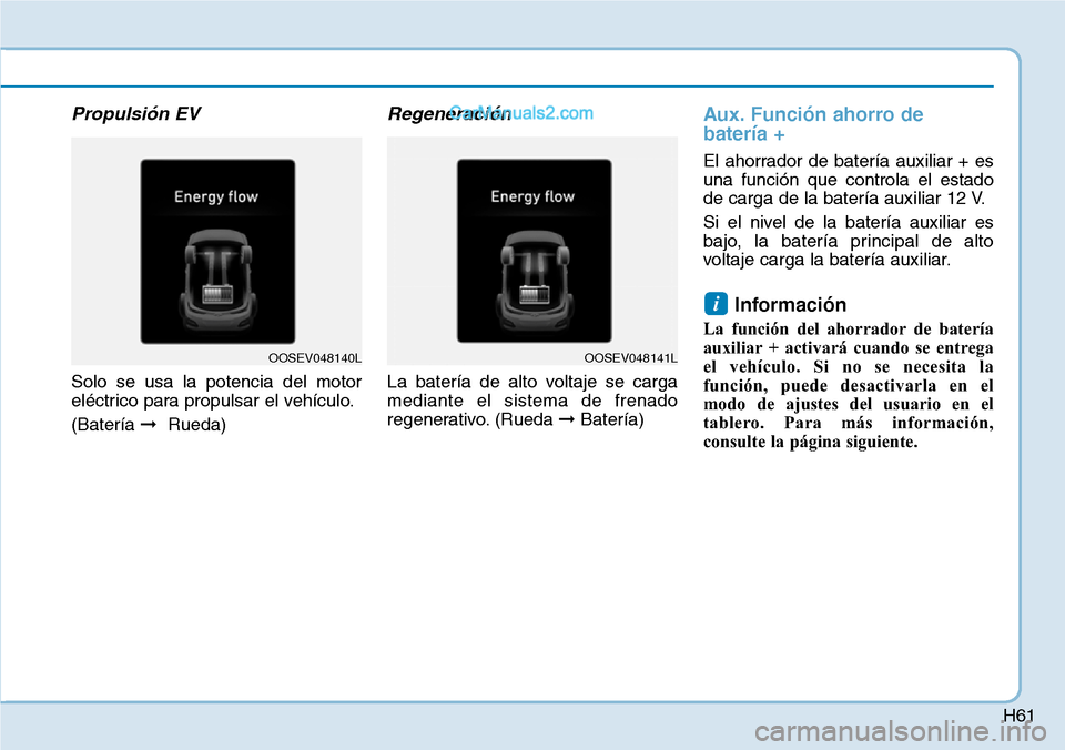 Hyundai Kona EV 2019 Manual del propietario (in Spanish) H61
Propulsión EV
Solo se usa la potencia del motor
eléctrico para propulsar el vehículo.
(Batería ➞Rueda)
Regeneración
La batería de alto voltaje se carga
mediante el sistema de frenado
regen Hyundai Kona EV 2019 Manual del propietario (in Spanish) H61
Propulsión EV
Solo se usa la potencia del motor
eléctrico para propulsar el vehículo.
(Batería ➞Rueda)
Regeneración
La batería de alto voltaje se carga
mediante el sistema de frenado
regen
