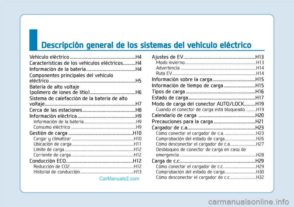 Hyundai Kona EV 2019  Manual del propietario (in Spanish) Descripción general de los sistemas del vehículo eléctrico
Vehículo eléctrico ....................................................H4
Características de los vehículos eléctricos..........H4
Inf