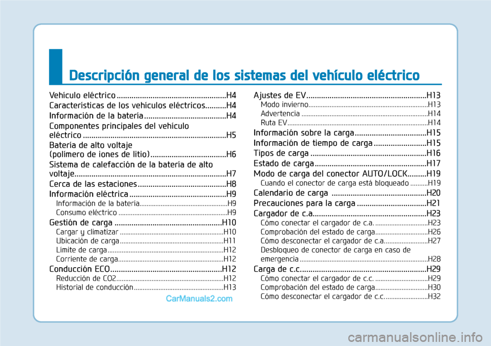 Hyundai Kona EV 2019 Manual del propietario (in Spanish) Descripción general de los sistemas del vehículo eléctrico
Vehículo eléctrico ....................................................H4
Características de los vehículos eléctricos..........H4
Inf Hyundai Kona EV 2019 Manual del propietario (in Spanish) Descripción general de los sistemas del vehículo eléctrico
Vehículo eléctrico ....................................................H4
Características de los vehículos eléctricos..........H4
Inf