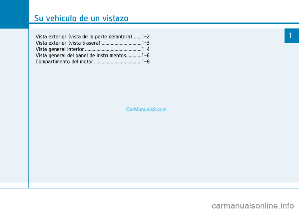 Hyundai Kona EV 2019 Manual del propietario (in Spanish) Su vehículo de un vistazo
1
Su vehículo de un vistazo
1Vista exterior (vista de la parte delantera) .......1-2
Vista exterior (vista trasera) ...............................1-3
Vista general interio Hyundai Kona EV 2019 Manual del propietario (in Spanish) Su vehículo de un vistazo
1
Su vehículo de un vistazo
1Vista exterior (vista de la parte delantera) .......1-2
Vista exterior (vista trasera) ...............................1-3
Vista general interio