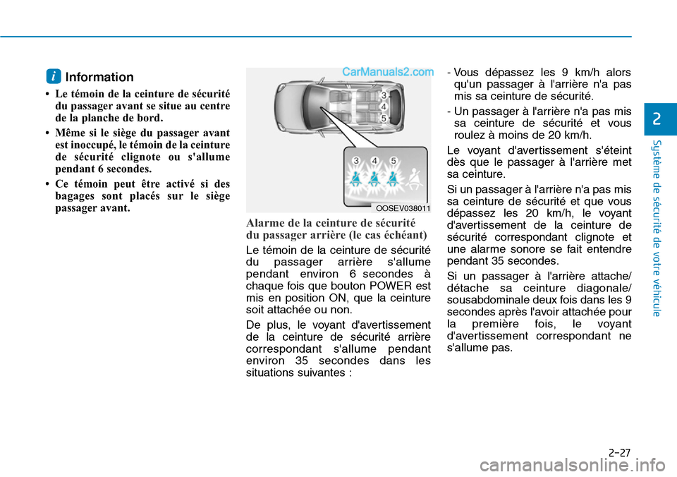 Hyundai Kona EV 2019 Manuel du propriétaire (in French) 2-27
Système de sécurité de votre véhicule
2
Information
• Le témoin de la ceinture de sécurité
du passager avant se situe au centre
de la planche de bord.
• Même si le siège du passag Hyundai Kona EV 2019 Manuel du propriétaire (in French) 2-27
Système de sécurité de votre véhicule
2
Information
• Le témoin de la ceinture de sécurité
du passager avant se situe au centre
de la planche de bord.
• Même si le siège du passag