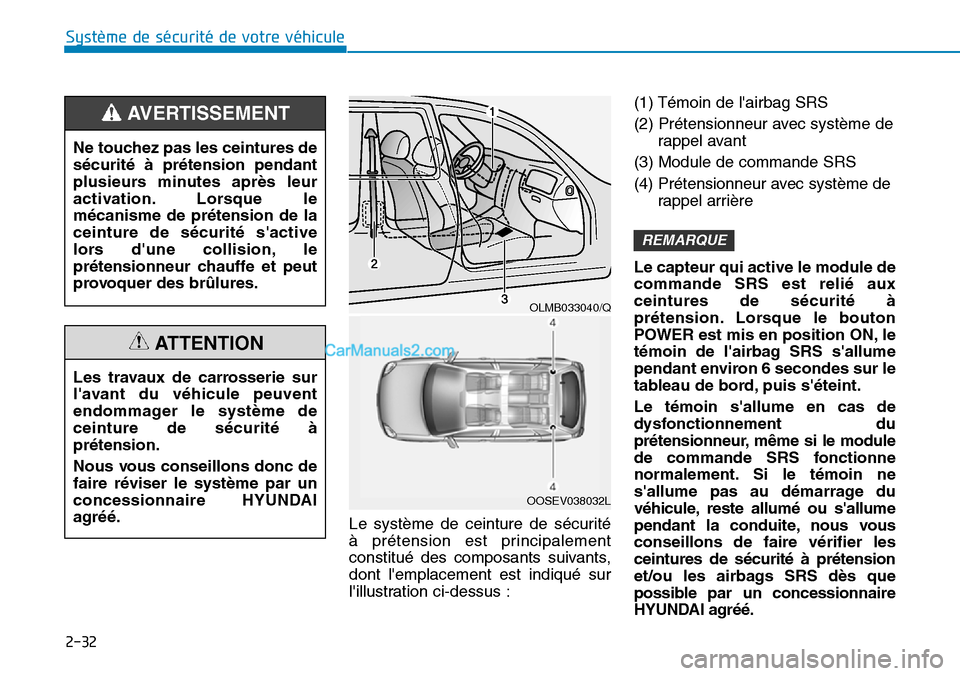 Hyundai Kona EV 2019 Manuel du propriétaire (in French) 2-32
Système de sécurité de votre véhicule
Le système de ceinture de sécurité
à prétension est principalement
constitué des composants suivants,
dont lemplacement est indiqué sur
lillus Hyundai Kona EV 2019 Manuel du propriétaire (in French) 2-32
Système de sécurité de votre véhicule
Le système de ceinture de sécurité
à prétension est principalement
constitué des composants suivants,
dont lemplacement est indiqué sur
lillus