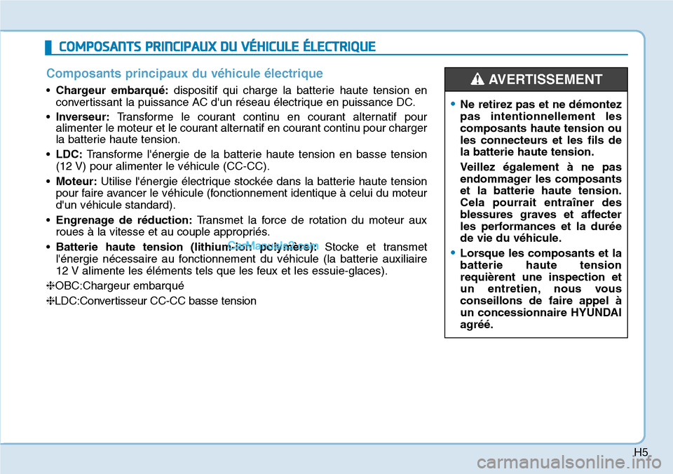 Hyundai Kona EV 2019 Manuel du propriétaire (in French) H5
COMPOSANTS PRINCIPAUX DU VÉHICULE ÉLECTRIQUE
Composants principaux du véhicule électrique
•Chargeur embarqué:dispositif qui charge la batterie haute tension en
convertissant la puissance AC Hyundai Kona EV 2019 Manuel du propriétaire (in French) H5
COMPOSANTS PRINCIPAUX DU VÉHICULE ÉLECTRIQUE
Composants principaux du véhicule électrique
•Chargeur embarqué:dispositif qui charge la batterie haute tension en
convertissant la puissance AC
