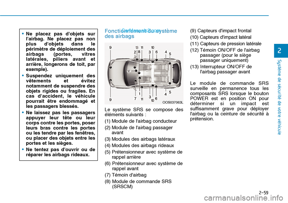 Hyundai Kona EV 2019 Manuel du propriétaire (in French) 2-59
Système de sécurité de votre véhicule
2
Fonctionnement du système
des airbags
Le système SRS se compose des
éléments suivants :
(1) Module de lairbag conducteur
(2) Module de lairbag Hyundai Kona EV 2019 Manuel du propriétaire (in French) 2-59
Système de sécurité de votre véhicule
2
Fonctionnement du système
des airbags
Le système SRS se compose des
éléments suivants :
(1) Module de lairbag conducteur
(2) Module de lairbag