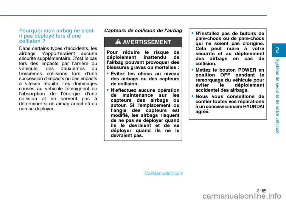 Hyundai Kona EV 2019  Manuel du propriétaire (in French) 2-65
Système de sécurité de votre véhicule 
2
Pourquoi mon airbag ne sest-
il pas déployé lors dune
collision ? 
Dans certains types daccidents, les
airbags napporteraient aucune
sécurité 