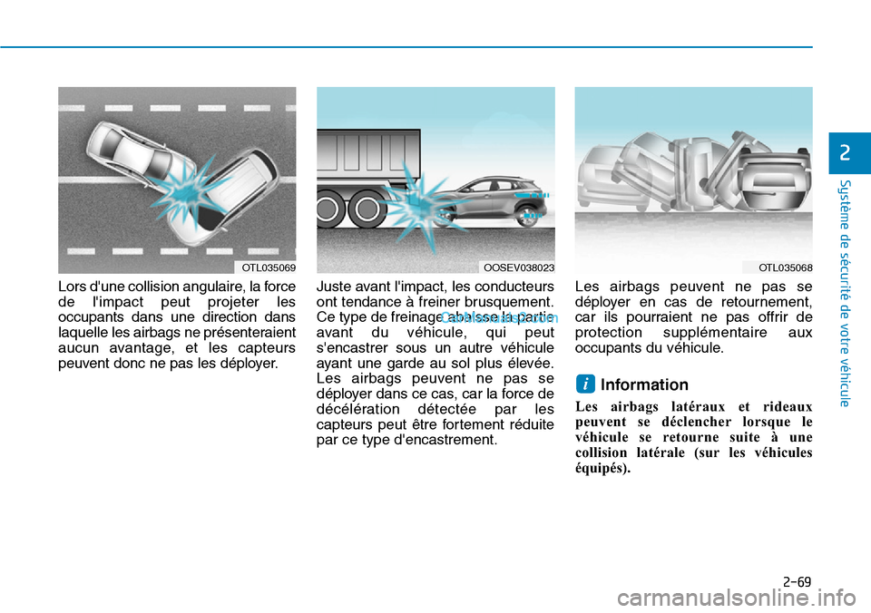 Hyundai Kona EV 2019 Manuel du propriétaire (in French) 2-69
Système de sécurité de votre véhicule
2
Lors dune collision angulaire, la force
de limpact peut projeter les
occupants dans une direction dans
laquelle les airbags ne présenteraient
aucun Hyundai Kona EV 2019 Manuel du propriétaire (in French) 2-69
Système de sécurité de votre véhicule
2
Lors dune collision angulaire, la force
de limpact peut projeter les
occupants dans une direction dans
laquelle les airbags ne présenteraient
aucun