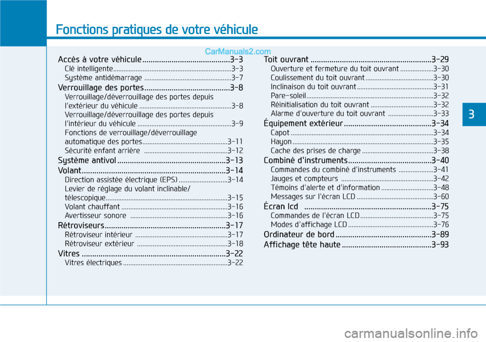 Hyundai Kona EV 2019  Manuel du propriétaire (in French) Fonctions pratiques de votre véhicule 
Accès à votre véhicule ..........................................3-3
Clé intelligente....................................................................3-3