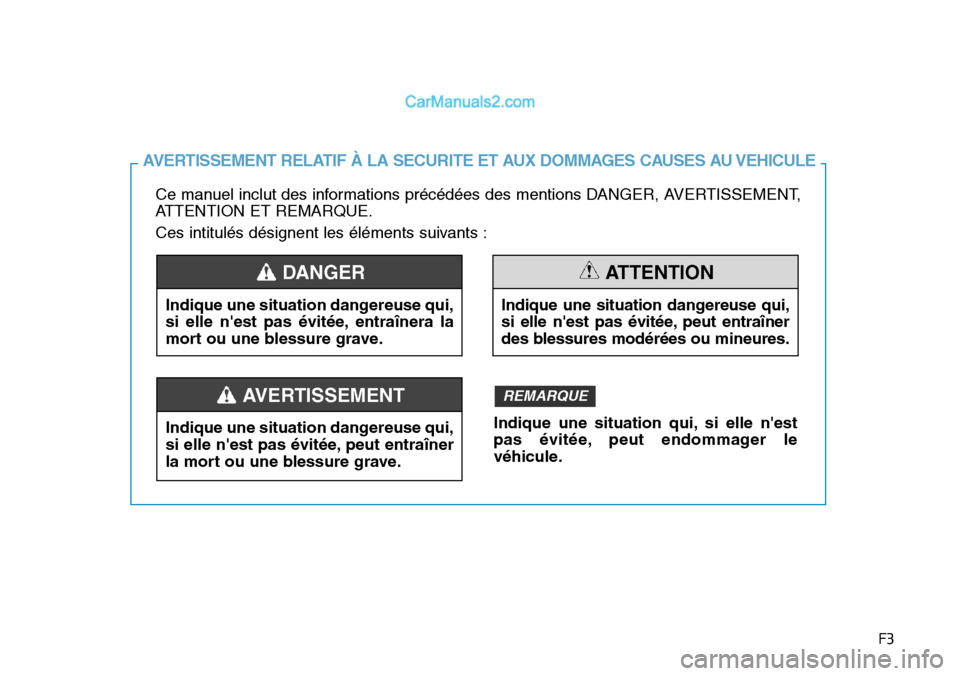 Hyundai Kona EV 2019 Manuel du propriétaire (in French) F3
Ce manuel inclut des informations précédées des mentions DANGER, AVERTISSEMENT,
ATTENTION ET REMARQUE.
Ces intitulés désignent les éléments suivants :
AVERTISSEMENT RELATIF À LA SECURITE ET Hyundai Kona EV 2019 Manuel du propriétaire (in French) F3
Ce manuel inclut des informations précédées des mentions DANGER, AVERTISSEMENT,
ATTENTION ET REMARQUE.
Ces intitulés désignent les éléments suivants :
AVERTISSEMENT RELATIF À LA SECURITE ET