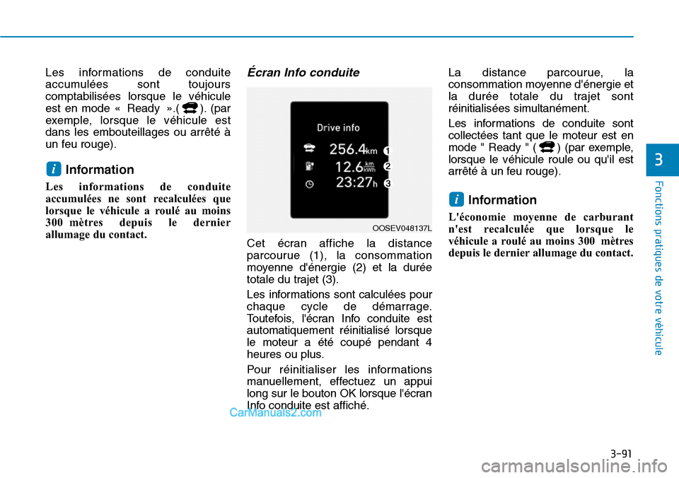 Hyundai Kona EV 2019  Manuel du propriétaire (in French) 3-91
Fonctions pratiques de votre véhicule 
3
Les informations de conduite
accumulées sont toujours
comptabilisées lorsque le véhicule
est en mode « Ready ».( ). (par
exemple, lorsque le véhicu