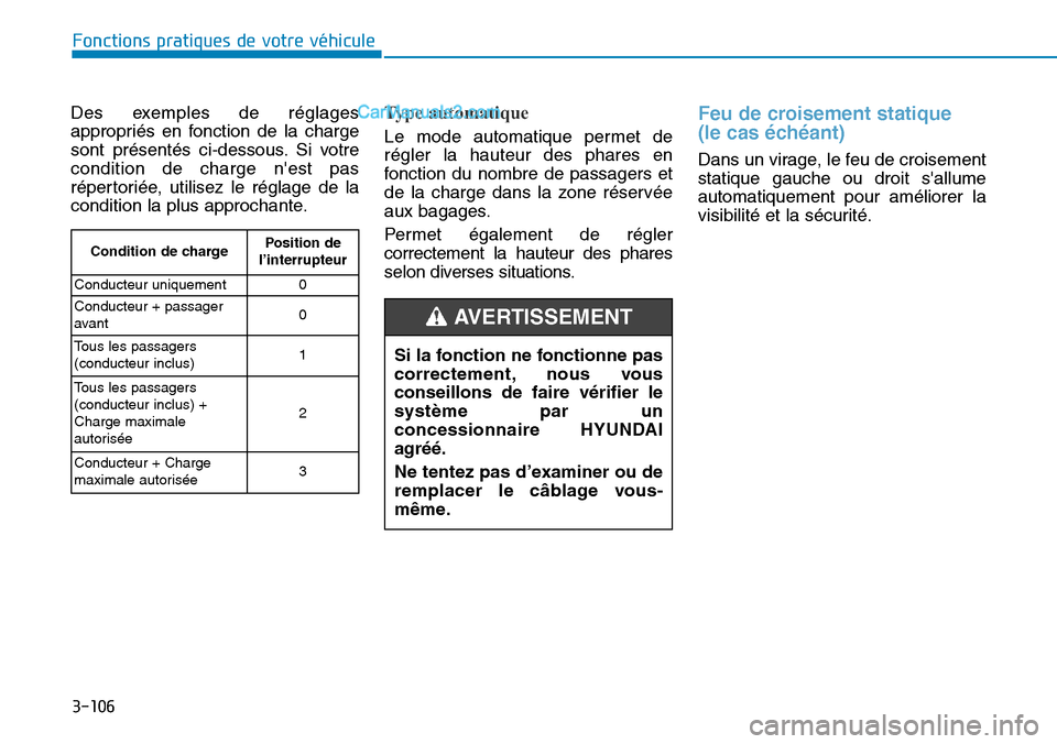 Hyundai Kona EV 2019  Manuel du propriétaire (in French) 3-106
Fonctions pratiques de votre véhicule 
Des exemples de réglages
appropriés en fonction de la charge
sont présentés ci-dessous. Si votre
condition de charge nest pas
répertoriée, utilisez