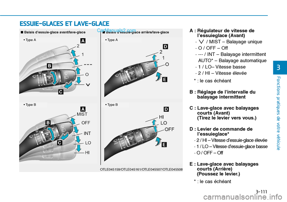 Hyundai Kona EV 2019  Manuel du propriétaire (in French) 3-111
A : Régulateur de vitesse de
l’essuieglace (Avant)
·  / MIST – Balayage unique
· O / OFF – Off
· --- / INT – Balayage intermittent 
AUTO* – Balayage automatique
· 1 / LO– Vitess