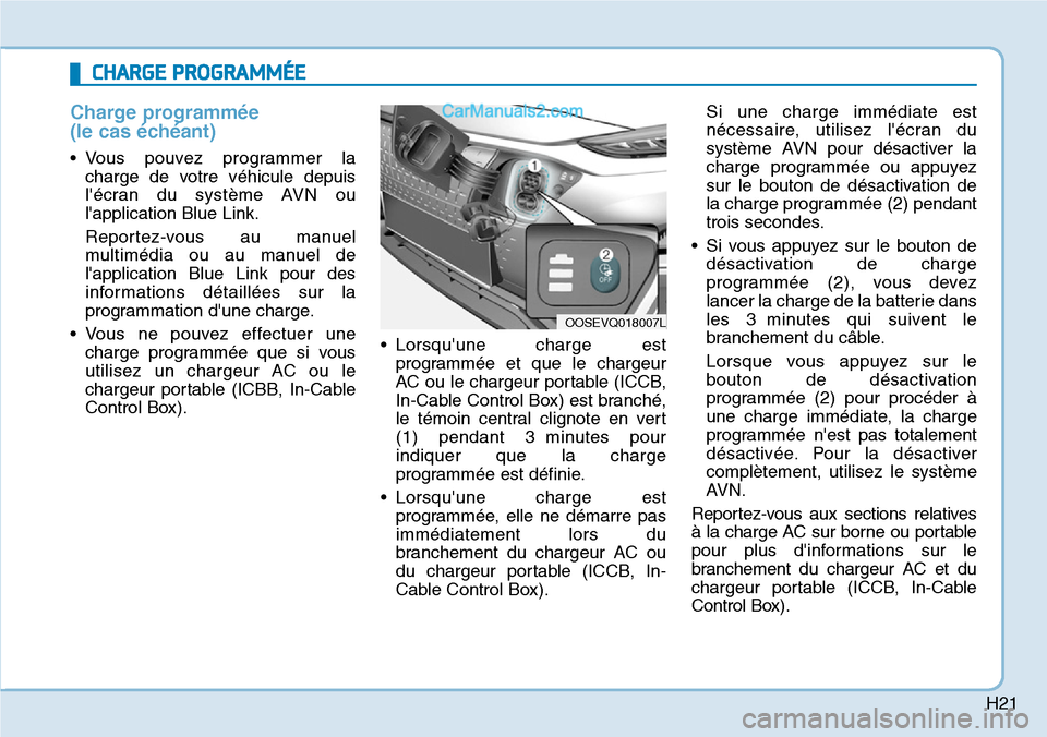 Hyundai Kona EV 2019  Manuel du propriétaire (in French) H21
Charge programmée 
(le cas échéant)
• Vous pouvez programmer la
charge de votre véhicule depuis
lécran du système AVN ou
lapplication Blue Link.
Reportez-vous au manuel
multimédia ou au