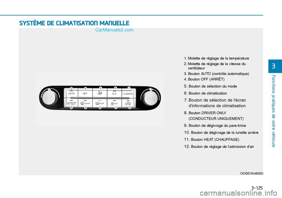 Hyundai Kona EV 2019  Manuel du propriétaire (in French) 3-125
SYSTÈME DE CLIMATISATION MANUELLE
Fonctions pratiques de votre véhicule 
3
OOSEV048300
1. Molette de réglage de la température
2. Molette de réglage de la vitesse du
ventilateur
3. Bouton A