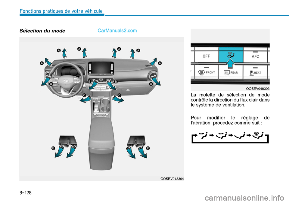 Hyundai Kona EV 2019  Manuel du propriétaire (in French) 3-128
Fonctions pratiques de votre véhicule 
Sélection du mode
La molette de sélection de mode
contrôle la direction du flux dair dans
le système de ventilation.
Pour modifier le réglage de
la