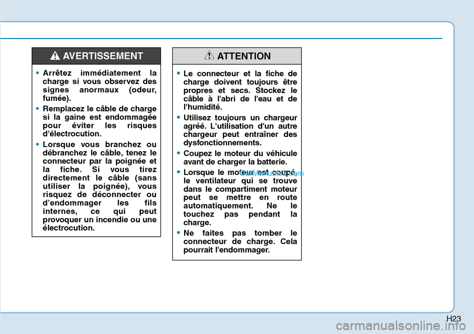 Hyundai Kona EV 2019  Manuel du propriétaire (in French) H23
•Arrêtez immédiatement la
charge si vous observez des
signes anormaux (odeur,
fumée).
•Remplacez le câble de charge
si la gaine est endommagée
pour éviter les risques
délectrocution.
�