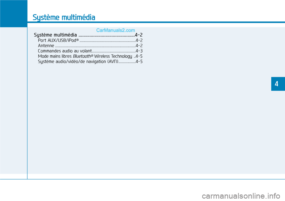 Hyundai Kona EV 2019  Manuel du propriétaire (in French) Système multimédia 
Système multimédia ..............................................4-2
Port AUX/USB/iPod®.......................................................4-2
Antenne .....................