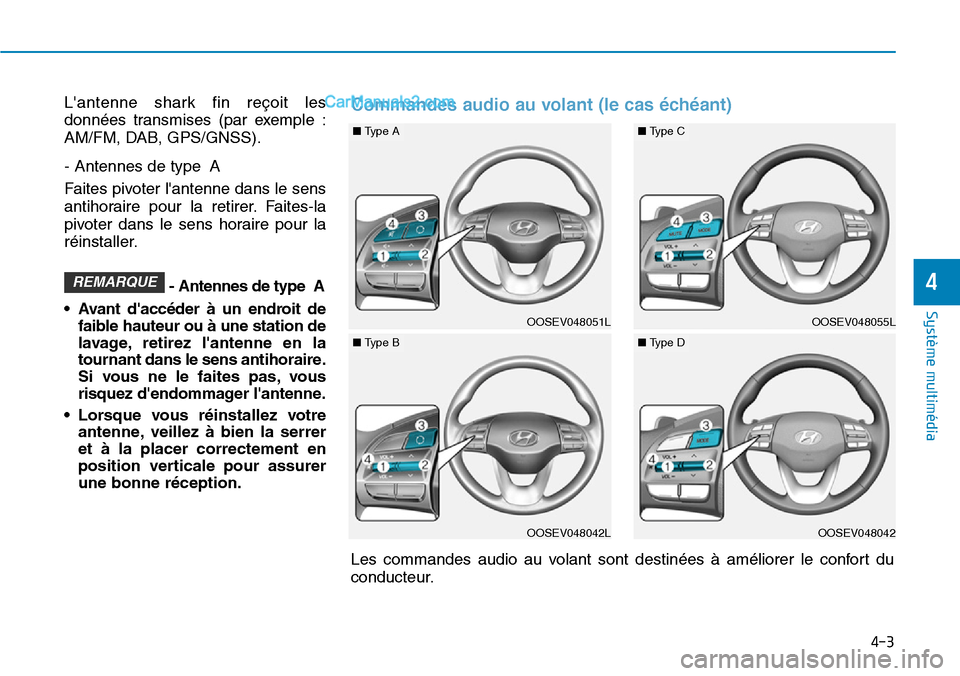 Hyundai Kona EV 2019  Manuel du propriétaire (in French) 4-3
Système multimédia 
4
Lantenne shark fin reçoit les
données transmises (par exemple :
AM/FM, DAB, GPS/GNSS).
- Antennes de type A
Faites pivoter lantenne dans le sens
antihoraire pour la ret