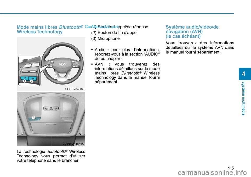 Hyundai Kona EV 2019  Manuel du propriétaire (in French) Mode mains libres Bluetooth®
Wireless Technology 
La technologie Bluetooth®Wireless
Technology vous permet dutiliser
votre téléphone sans le brancher.(1) Bouton dappel/de réponse
(2) Bouton de 
