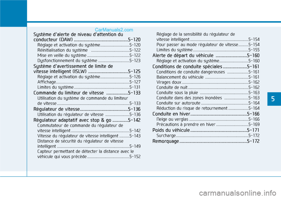 Hyundai Kona EV 2019  Manuel du propriétaire (in French) Système dalerte de niveau dattention du
conducteur (DAW) .............................................5-120
Réglage et activation du système.............................5-120
Réinitialisation du