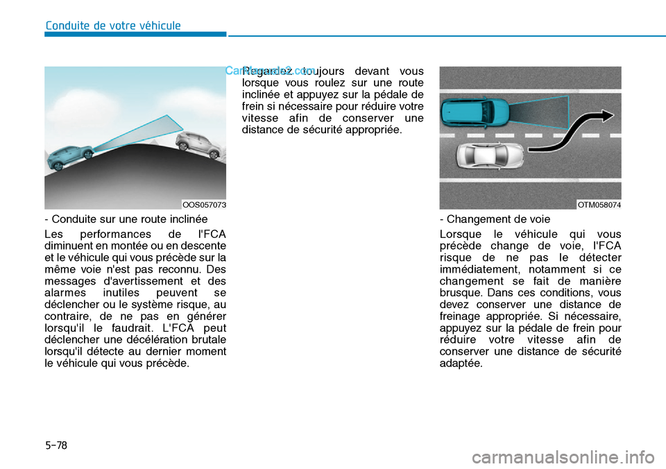 Hyundai Kona EV 2019 Manuel du propriétaire (in French) 5-78
- Conduite sur une route inclinée
Les performances de lFCA
diminuent en montée ou en descente
et le véhicule qui vous précède sur la
même voie nest pas reconnu. Des
messages davertisseme Hyundai Kona EV 2019 Manuel du propriétaire (in French) 5-78
- Conduite sur une route inclinée
Les performances de lFCA
diminuent en montée ou en descente
et le véhicule qui vous précède sur la
même voie nest pas reconnu. Des
messages davertisseme