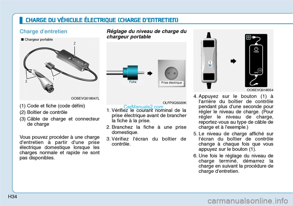 Hyundai Kona EV 2019 Manuel du propriétaire (in French) H34
Charge dentretien
(1) Code et fiche (code défini)
(2) Boîtier de contrôle
(3) Câble de charge et connecteur
de charge
Vous pouvez procéder à une charge
dentretien à partir dune prise
él Hyundai Kona EV 2019 Manuel du propriétaire (in French) H34
Charge dentretien
(1) Code et fiche (code défini)
(2) Boîtier de contrôle
(3) Câble de charge et connecteur
de charge
Vous pouvez procéder à une charge
dentretien à partir dune prise
él