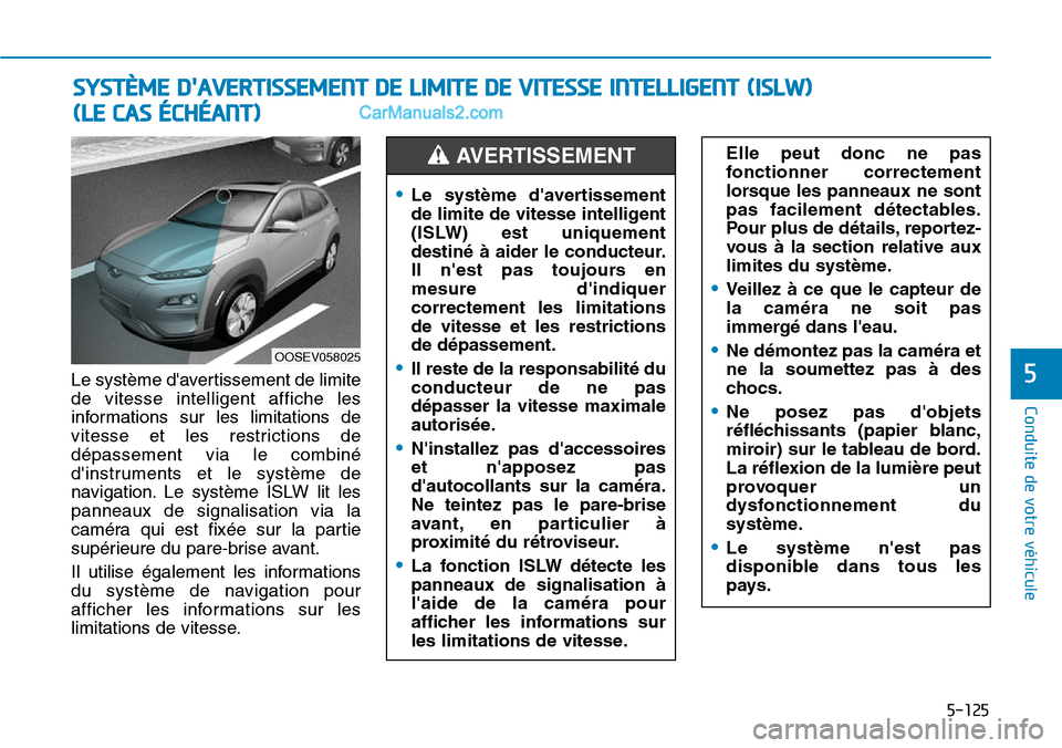 Hyundai Kona EV 2019 Manuel du propriétaire (in French) 5-125
Conduite de votre véhicule
5Le système davertissement de limite
de vitesse intelligent affiche les
informations sur les limitations de
vitesse et les restrictions de
dépassement via le combi Hyundai Kona EV 2019 Manuel du propriétaire (in French) 5-125
Conduite de votre véhicule
5Le système davertissement de limite
de vitesse intelligent affiche les
informations sur les limitations de
vitesse et les restrictions de
dépassement via le combi