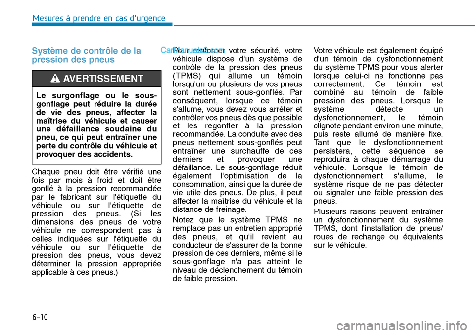 Hyundai Kona EV 2019  Manuel du propriétaire (in French) 6-10
Mesures à prendre en cas durgence 
Système de contrôle de la
pression des pneus 
Chaque pneu doit être vérifié une
fois par mois à froid et doit être
gonflé à la pression recommandée
