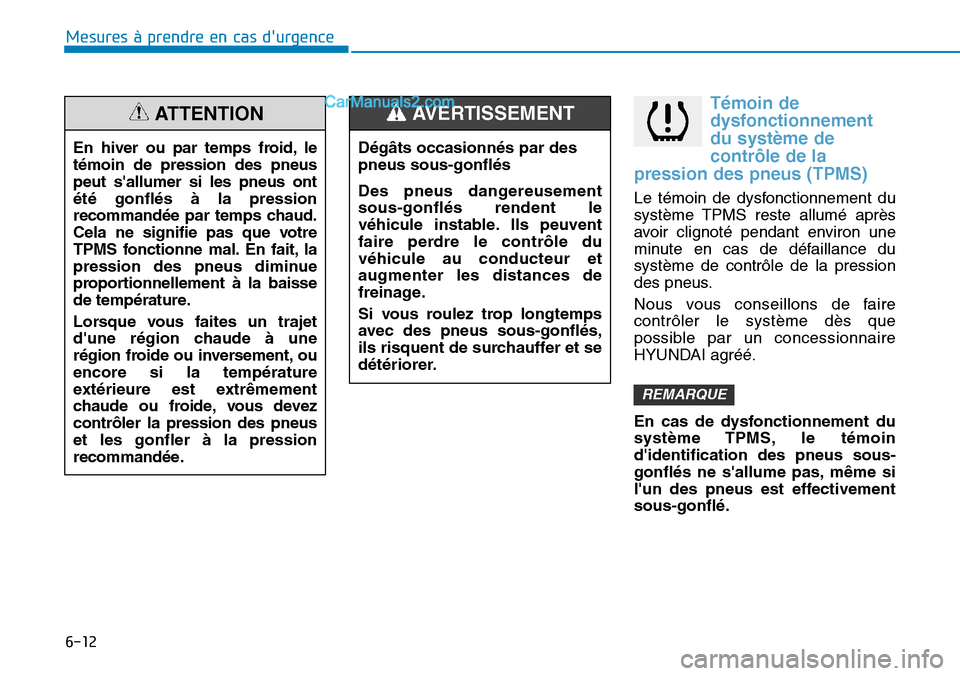 Hyundai Kona EV 2019  Manuel du propriétaire (in French) 6-12
Mesures à prendre en cas durgence 
Témoin de
dysfonctionnement
du système de
contrôle de la
pression des pneus (TPMS) 
Le témoin de dysfonctionnement du
système TPMS reste allumé après
a